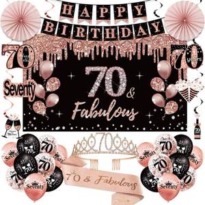 lot 4240 image: Uiorgui 70th Birthday Decorations for Women 33pcs Kit with Crown, Sash, Banner, Backdrop, Balloons, Swirls & Fans in Rose Gold & Black - Retail $24