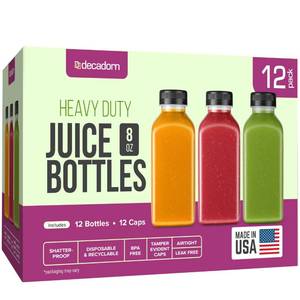 lot 4241 image: DECADORN 8oz 12pcs Plastic Bottles With Caps - Juicing Bottles For Juicing - MADE IN USA Clear Mini Bottle With Lids - Drink Container - Shatterproof, BPA-Free, Leak proof, Disposable & Recyclable - Retail $17