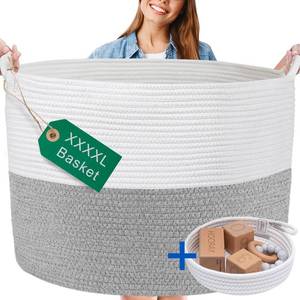 lot 5104 image: XXXXL WASHABLE Jumbo 125L Extra Large Blanket Basket, Woven Decorative Cotton Rope Basket with Handles for Laundry, Living Room, Baby Toys Nursery, Storage, Organization Bins 24 x 17 (Grey & White) - Retail $45