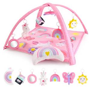 lot 5113 image: Peanutshell Baby Girl Rainbow Paradise 7-in-1 Play Gym - Playmat Toys for Newborns, Infants 0-6, 6-12 months Tummy Time Mat with Hanging Toys, Soft Padded - Retail $50
