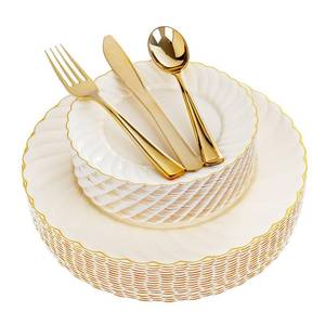 lot 5122 image: YOUBET 125PCS Scalloped Plastic Plates - Ivory Scalloped Disposable Plates - Gold Plastic Dinnerware Set Include 50 Plates, 75 Gold Silverware for Party & Wedding - Retail $45