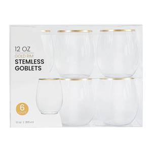 lot 5125 image: PLASTICPRO 12 Pack Clear With Gold Rim Plastic Wine Glasses Stemless Disposable 12 oz BPA Free Shatterproof Plastic Wine Cups Wine Glasses for Parties - Retail $23