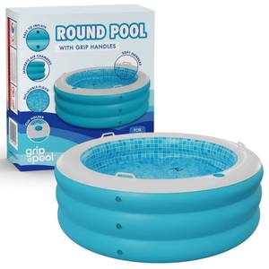 lot 5126 image: Inflatable Round Swimming Pool with Blow Up Padded Floor, Cup Holder, Handles and Drain - 60x22 Deep Round Large Kiddie Pool Perfect for Adults and Kids Ages 4 5 6 7 8 - Retail $70