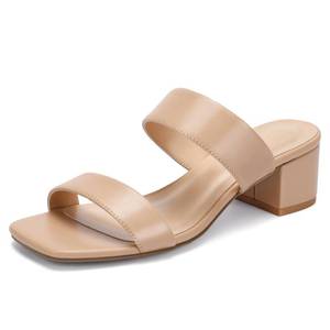 lot 5130 image: DOBOLIN Womens Wide Width Heels Square Open Toe Sandals Two Strap Heeled Sandals 2-Inch Dress Shoes Chunky Low Heels Comfortable Dressy Party Wedding Bridal Nude Size 9.5W - Retail $46