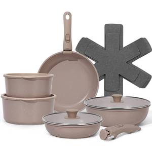 lot 5139 image: SODAY 15Pcs Pots and Pans Set Non Stick, Cookware Sets with Detachable Handle, Nonstick RV Kitchen Cooking Tools Removable Handles, Oven Safe, Induction Fast, Stackable Induction Cookware, Brown - Retail $50