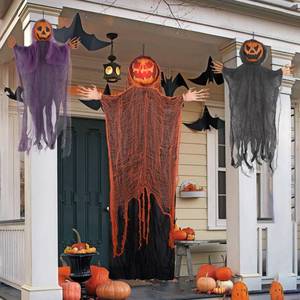 lot 5159 image: DR.DUDU 3 Pack Hanging Halloween Decor Outdoor Pumpkins Ghost Spooky Skeleton with Bendable Arms, Pumpkin Decorations with Lighted Head for Tree Porch Garden Party Indoor D�cor - Retail $27