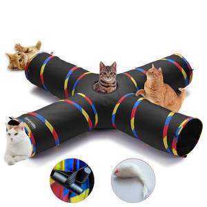 lot 5164 image: SweetBin 4 Way Large Cat Tunnels for Indoor Cats - 10 Diameter & 47 Long Play Tunnel Toy - Cat Tube with Play Ball & Mouse Toy - Interactive Peephole (Black) - Retail $18