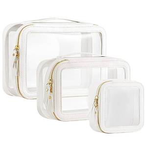 lot 6133 image: HBlife Clear Makeup Organizer Set, Portable Travel Toiletry Cosmetic Case for Women, Large Make Up Train Case Transparent Storage Pouch with Handle(White) - Retail $1,412