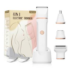 lot 6148 image: Electric Bikini Trimmer for Women - 4 in 1 Electric Razors for Women, Waterproof Pubic Hair Trimmers and Facial Hair Remover, Replaceable Shaver & Nose Hair Trimmer, Rechargeable Womens Grooming Kit - Retail $29