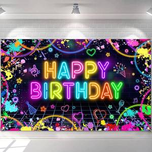 lot 6159 image: Mocsicka Neon Birthday Backdrop Banner Glow in The Dark Neon Birthday Party Decorations Glow Graffiti Splatter Photography Background Glow Crazy Photo Booth Props - Retail $10