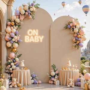 lot 6161 image: Nude Arch Backdrop Cover for Wedding, 7.2FT 6FT Set of 2 Stretchy Spandex Fitted Arch Stand Cover for Baby Shower, Birthday Party Decor, Chiara Backdrop Cover with Double-Sided Design - Retail $35