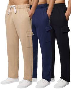 lot 6195 image: Real Essentials 3 Pack Mens Tech Fleece Open Bottom Cargo Sweatpants with Pockets (Available in Big & Tall) - Set 1, L - Retail $40