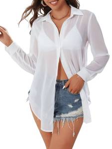 lot 6216 image: SweatyRocks Womens Long Sleeve See Through Button Down Shirt Slit Mesh Blouse Top White L - Retail $29