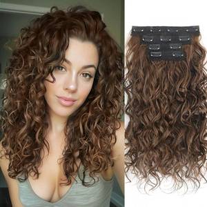 lot 6220 image: Clip in Hair Extensions,LEOSA 4PCS 16 inch Curly Hair Extensions Short Soft Natural Hairpiece Lace Weft Curly Wave Clip Ins Extensions Invisible for Women,Dark Almond brown - Retail $22