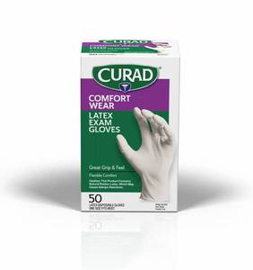 lot 6224 image: Curad Comfort Wear Latex Exam Gloves, Powder-Free, One Size Fits Most, 50 Count - Retail $9