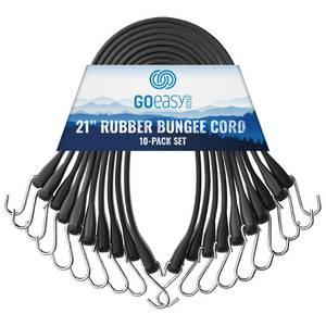 lot 6225 image: GOEASY0312 Rubber Bungee Cords with Hooks Heavy Duty 21 - for Outdoor Extreme Weather, Over 180 LBS Load & Max Stretch 1.8X, 100% EPDM Bungee Straps with S Hooks, 10 Pack for Cargo, Tarps, Trucks - Retail $27