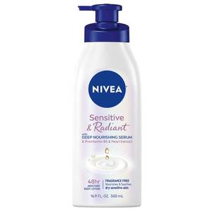 lot 6235 image: NIVEA Sensitive and Radiant Body Lotion for Sensitive Skin, Hypoallergenic, Fragrance Free Body Lotion for Women with Deep Nourishing Serum, Pearl Extract and Provitamin B5, 16.9 Fl Oz Bottle - Retail $10