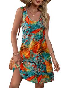lot 6250 image: Spring Summer Vacation Dresses for Women Tropical 2025 Loose V Neck Sundresses Easter Floral 07 2XL - Retail $15