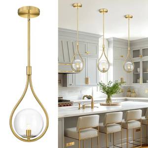 lot 11397 image: AUTELO Gold Pendant Lights Kitchen Island, 1-Light Hanging Lamp in Brushed Gold Finish with Clear Globe Glass, Mid Century Pendant Lights Kitchen Island, Gold Hanging Lights for Kitchen H9377 CLBG - Retail $63