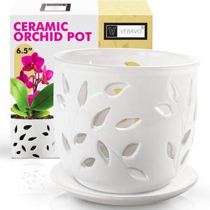 lot 11398 image: VEBAVO Orchid Pot with Holes & Saucer Ceramic 6.5 in. Indoor or Outdoor Large Pot for Orchid Care & Root Health with Precise Aeration & Drainage �� Durable for Repotting or New Plants - Retail $919