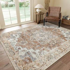 lot 11401 image: GENIMO 5x7 Area Rugs for Living Room, Machine Washable Non Slip Vintage Retro Rugs, Low Pile LightweightChenille Print Rug for Bedroom, Dining Room, Home Office, Orange - Retail $58