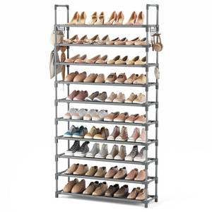 lot 11407 image: VTRIN 10 Tiers Shoe Rack Tall Large Capacity 50 Pairs Wide Shoe Organizer Sturdy Shoe Shelf for Entryway with Two Hooks Metal Shoe Storage for Closet, Bedroom, Grey - Retail $30