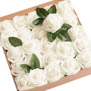 lot 11408 image: Lings moment Artificial Flowers 50Pcs Ivory Roses Decor wStems,3 Real Touch DIY Foam Floral for Wedding BouquetCenterpieces, Outdoors Party Backdrop, RoomTable, and GardenPot Decorations - Retail $25
