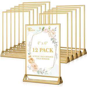 lot 11411 image: EHWINE 12 Pack Acrylic Sign Holder 4 x 6, Double Sided Gold Picture Frame Stand up Table Top Sign Holders, Clear Display Stand Menu Flyer Holder for Wedding Party - Retail $26
