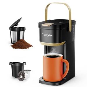 lot 11430 image: Tastyle Single Serve One Cup Coffee Maker, for K Cups and Grounds, Mini Coffee Maker with Portable Handle, 6 to 12 Oz Brew Size, for Travel, Camping, Office, RV and Dorm, 120V, Black and Gold - Retail $38