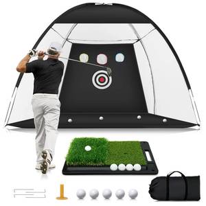 lot 11438 image: Golf Net 10x7ft Golf Hitting Practice Net for Indoor & Outdoor Use with Heavy-Duty Base Dual-Turf Mat, Chipping Swing Training Mult-Target Nets for Backyard Driving, Gifts for Men Dad Husband Golfers - Retail $80