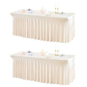 lot 11448 image: 2 Packs Ivory Table Clothes for 6 Foot Rectangle Tables, One-Piece Wrinkle Resistant Stretch Spandex Table Covers with Skirt for Event Banquet Wedding Birthday Party - Retail $39
