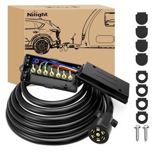 lot 11456 image: Nilight Heavy Duty 7 Way Inline Trailer Plug with 7 Gang Weatherproof Junction Box - 12 Feet Connector Cable Wiring Harness Suitable for RV Automotives Cars - Retail $38