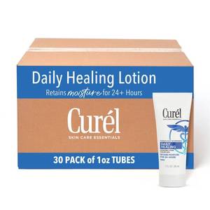 lot 11458 image: Curel Daily Healing Body Lotion for Dry Skin, Dermatologist Recommended Hydrating Body Lotion with Advanced Ceramides Complex 1 Oz, Pack of 30 - Retail $21