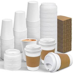 lot 11488 image: Ginkgo 100 Pack 12 oz Leak-Proof Coffee Cups with Lids and Sleeves Disposable To Go Hot Travel Paper Cups, Hot Chocolate, Cocoa, Coffee Bar Accessories - Retail $22
