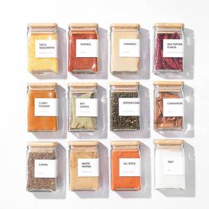 lot 11497 image: APT 1101 Glass Spice Jars with Labels, 4oz Glass Jars with Bamboo Lids, Square Spice Jars with Labels, Empty Spice Bottles for Seasoning Organizer, Spice Drawer Organizer, 12 Pack (White)