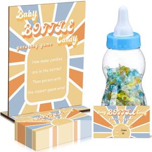 lot 12008 image: Dandat 62 Pcs Here Comes The Son Candy Guessing Game Includes 11 Inch Large Baby Bottle Bank 60 Pcs Candy Guessing Cards for Expecting Mothers, Girl and Boys Baby Showers Party Games - Retail $22