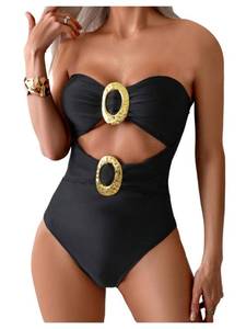 lot 12020 image: GORGLITTER Womens Strapless Metal One Pieces Swimsuits Modest Tummy Control Bathing Suit Cut Out Bandeau Monokini Black Large - Retail $35
