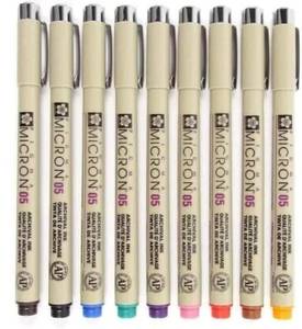 lot 12022 image: SAKURA Pigma Micron 05 Pack of 9 Colours, Black, Orange, Brown, Red, Pink, Green, Purple, Blue, Sepia - Retail $21