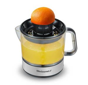 lot 12026 image: Elite Gourmet ETS623 BPA-Free Electric Citrus Juicer, Compact, Large Volume, Pulp Control, Oranges, Lemons, Limes, Grapefruits with Easy Pour Spout, 24oz, BlackStainless Steel - Retail $14
