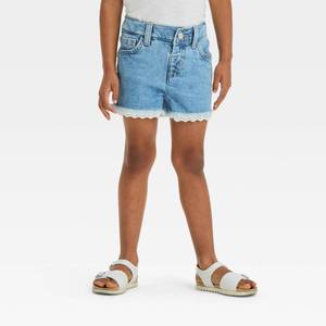 lot 12365 image: Toddler Girls Lace Cut-Off Jean Shorts - Cat & Jack�� Light Wash 2T Adjustable Waistband, Mid-Rise Denim - Retail $10