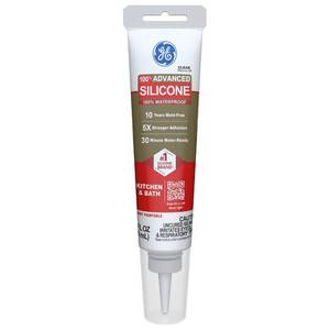lot 12373 image: GE Advanced Silicone Caulk for Kitchen & Bathroom, Clear, 2.8 fl oz Tube, 1 Pack - 100% Waterproof Silicone Sealant, 5X Stronger Adhesion, Shrink & Crack Proof - Retail $8
