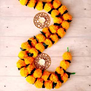 lot 12380 image: Krati Exports 5 PC - 4.5 feet Marigold Garland with Green Leaves IndianAmerican Wedding Party Mantle Decoration, Faux Garlands Wedding Garland, Diwali Decoration, Spring Bush Floral - Retail $17