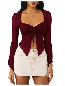 lot 12382 image: WDIRARA Womens Long Sleeve Front Tie Top Sexy Mesh Bell Sleeve Shirt M Burgundy - Retail $20