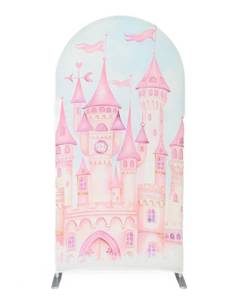 lot 12383 image: Gaietya 7.2FT Pink Castle Tower Arch Cover Round Arch Backdrop Chiara Fairy Tales for Birthday Party Baby Shower Decor Groovy(7.2x4ft,No Frame No Zipper) - Retail $50