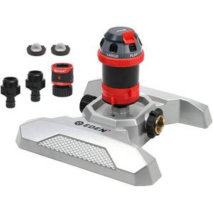 lot 12396 image: Eden 96122 Metal Adjustable 6-Pattern Mobile Rotary Gear Drive Garden Sprinkler for Yard WQuick Connect Starter Set, Waters up to 80 ft. in Diameter - Retail $33