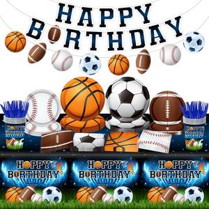 lot 12398 image: Sports Birthday Party Decorations-142Pcs Sports Theme Plates and Napkins Kit All Star Basketball Football Baseball Soccer Tableware Serves 20 Guests for Birthday Party - Retail $21