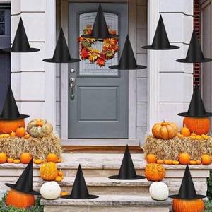 lot 12402 image: Halloween Decorations Witch Hat, 12 Pcs Thickened Black Witch Hats Bulk Costume Accessory, Hanging Wizard Hat with Rope, Floating Witches Hats for Porch Yard Indoor Outdoor Decor Party Supplies - Retail $9