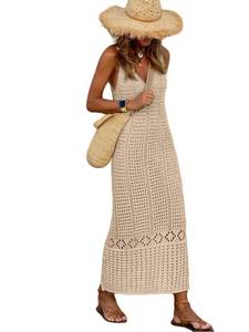 lot 12405 image: SISKIN Womens Long Crochet Beach Cover Ups Swimwear Mesh Bathing Suit Sexy Beach Maxi Sleeveless Dress in Summer Khaki - Retail $35