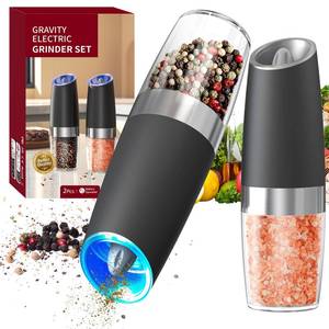 lot 12428 image: CIRCLE JOY Gravity Electric Salt and Pepper Grinder Set Automatic Salt and Pepper Grinder Set with LED Light, Battery Operated, Adjustable Coarseness, Large Capacity, for Home Kitchen BBQ - Retail $17