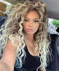 lot 12435 image: Fencca Ash Blonde Long Curly Wigs for Women Ombre Color Heat Synthetic Curly Wig Mix Blonde Curly Wavy Wig Layered Natural Daily Party Wig - Retail $22